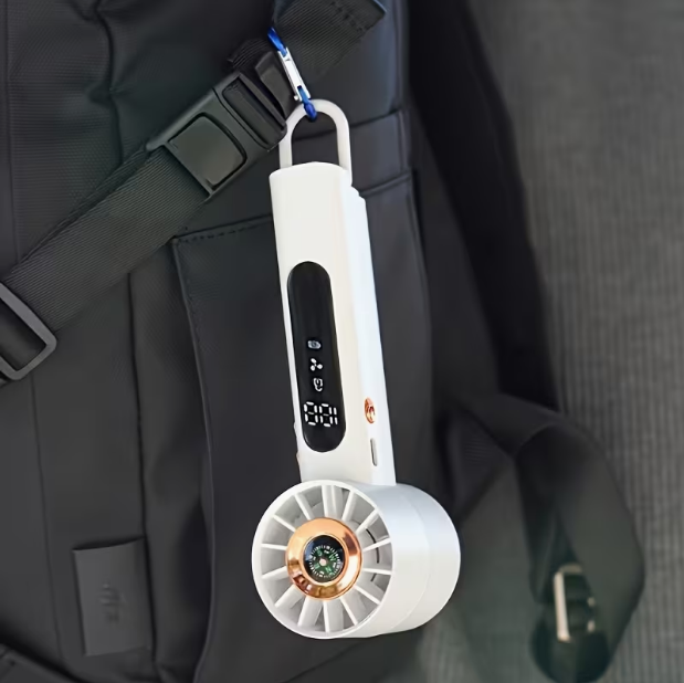 COOLGO Prenosný mini ventilátor USB do ruky so 100 nastaviteľnými rýchlosťami, turbo zosilnením a digitálnym displejom, vstavaný kompas vhodný pre vonkajšie použitie, kempovanie, cestovanie, USB chladiaci ventilátor