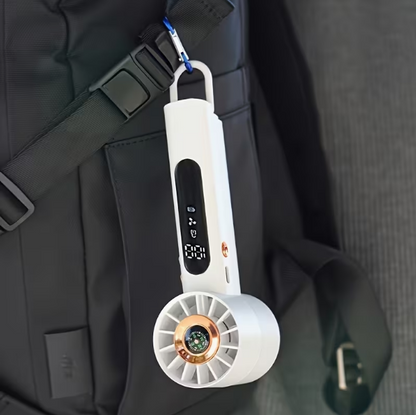 COOLGO Prenosný mini ventilátor USB do ruky so 100 nastaviteľnými rýchlosťami, turbo zosilnením a digitálnym displejom, vstavaný kompas vhodný pre vonkajšie použitie, kempovanie, cestovanie, USB chladiaci ventilátor