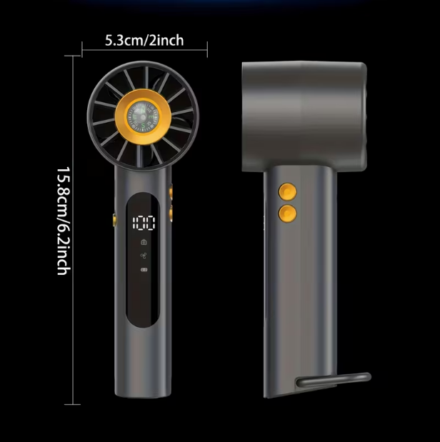 COOLGO Prenosný mini ventilátor USB do ruky so 100 nastaviteľnými rýchlosťami, turbo zosilnením a digitálnym displejom, vstavaný kompas vhodný pre vonkajšie použitie, kempovanie, cestovanie, USB chladiaci ventilátor