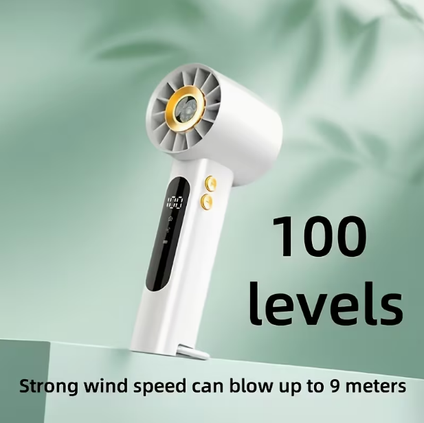 COOLGO Prenosný mini ventilátor USB do ruky so 100 nastaviteľnými rýchlosťami, turbo zosilnením a digitálnym displejom, vstavaný kompas vhodný pre vonkajšie použitie, kempovanie, cestovanie, USB chladiaci ventilátor