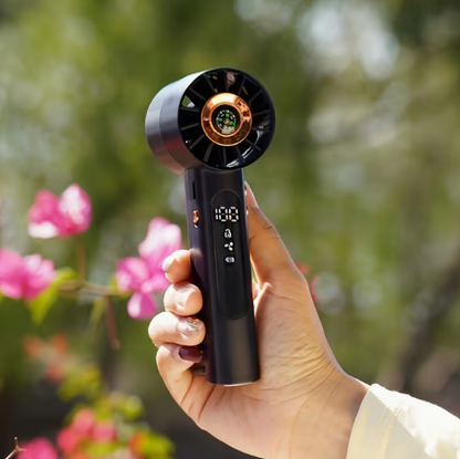 COOLGO Prenosný mini ventilátor USB do ruky so 100 nastaviteľnými rýchlosťami, turbo zosilnením a digitálnym displejom, vstavaný kompas vhodný pre vonkajšie použitie, kempovanie, cestovanie, USB chladiaci ventilátor