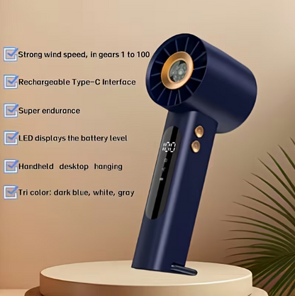 COOLGO Prenosný mini ventilátor USB do ruky so 100 nastaviteľnými rýchlosťami, turbo zosilnením a digitálnym displejom, vstavaný kompas vhodný pre vonkajšie použitie, kempovanie, cestovanie, USB chladiaci ventilátor
