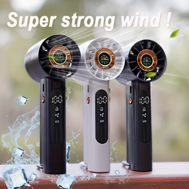 COOLGO Prenosný mini ventilátor USB do ruky so 100 nastaviteľnými rýchlosťami, turbo zosilnením a digitálnym displejom, vstavaný kompas vhodný pre vonkajšie použitie, kempovanie, cestovanie, USB chladiaci ventilátor
