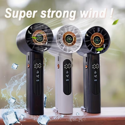 COOLGO Prenosný mini ventilátor USB do ruky so 100 nastaviteľnými rýchlosťami, turbo zosilnením a digitálnym displejom, vstavaný kompas vhodný pre vonkajšie použitie, kempovanie, cestovanie, USB chladiaci ventilátor